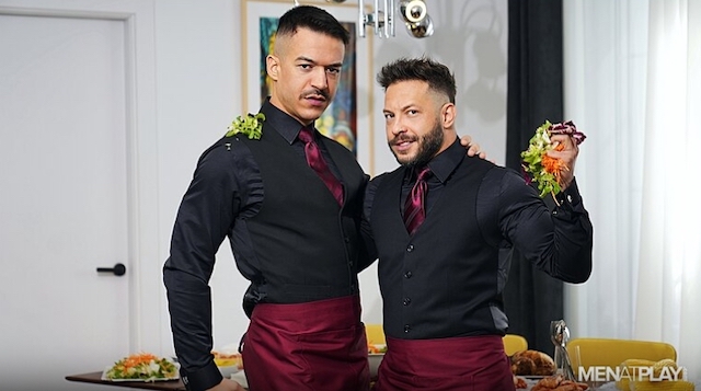 Jonathan Miranda and John Brachalli in a messy Thanksgiving scene.