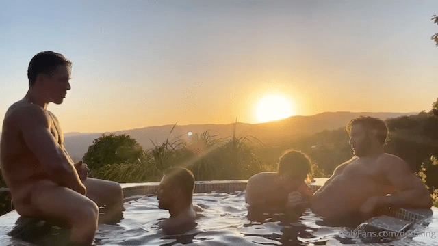 Dom, Hazel, Dato, and JJ Aussie bareback threesome in hot tub